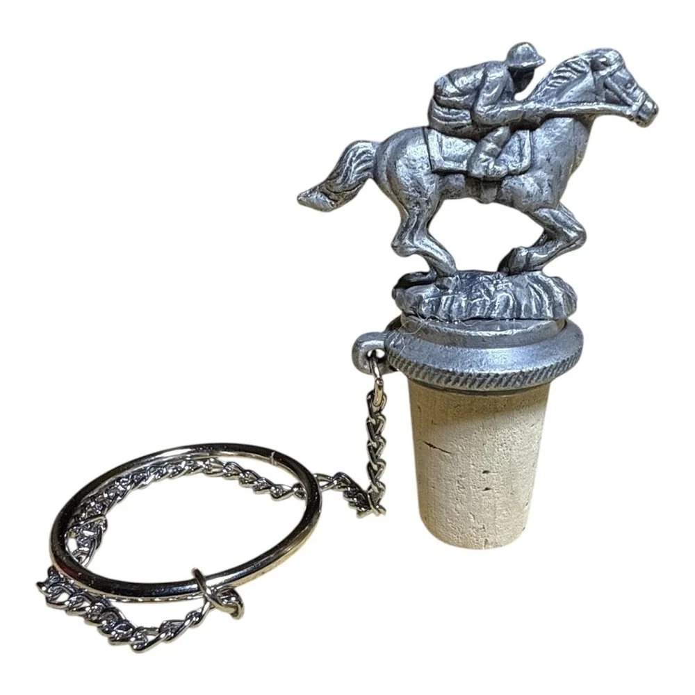 Vintage Pewter Race Horse with‎ Jockey Wine Bottle Cork Stopper with Neck Ring.